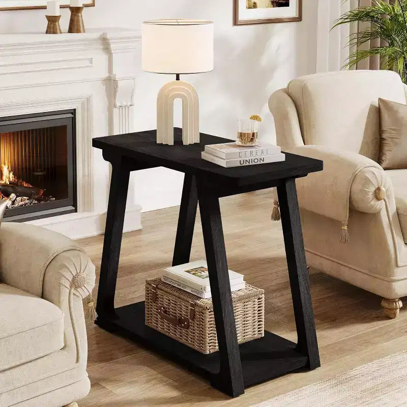 Lantine 2-Tier Solid Wood End Table, Rectangle Farmhouse Narrow Side Table with Trapezoidal Base for Living Room, Easy Assembly