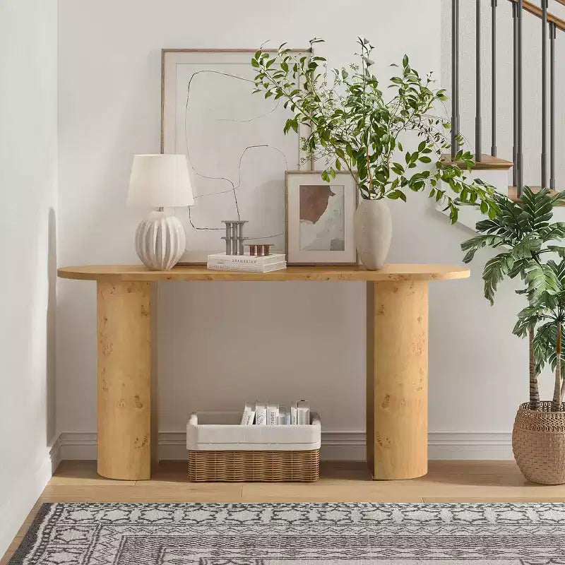 Modern 60 Oval Entryway Console Table with Burlwood Wood Grain and Semi-Circle Legs, Sofa Table for Foyer, Hallway or Living Room-Panipeachy