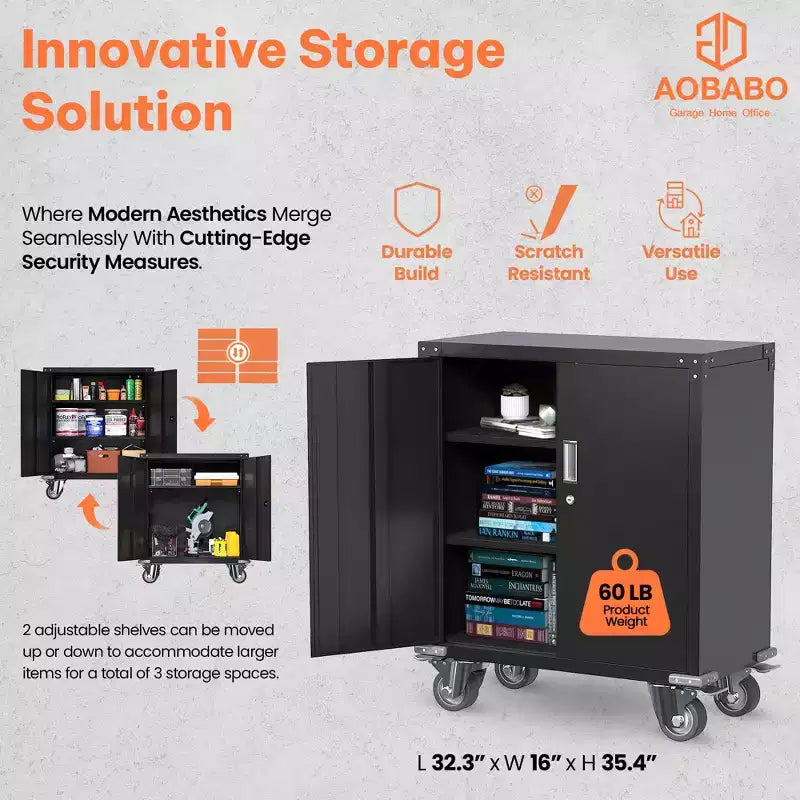 AOBABO Lockable Steel File Storage Organizer Cabinet with Adjustable Shelves and Wheels for Home, School, Office, and Garage Organization, Black