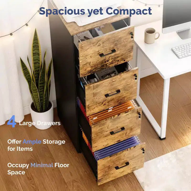 Karl Home15 Inch Embossed 4 Drawer Wooden Filing Cabinet