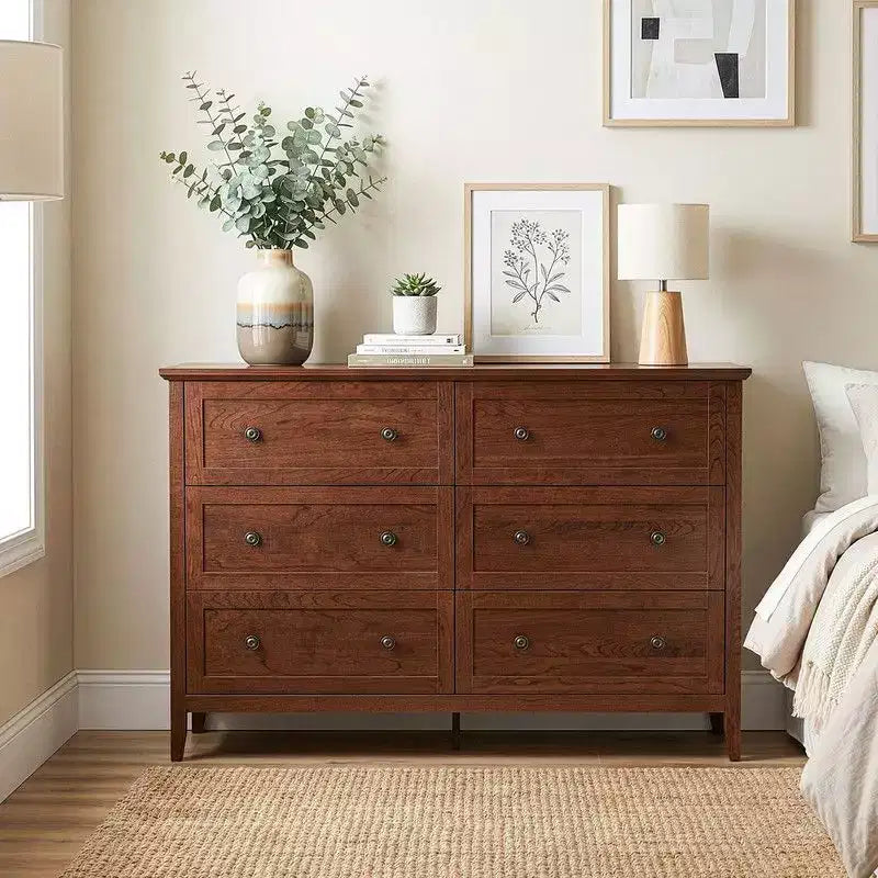 Karl Home 47 Inch Six Drawer Cabinet with Double Row Dual Handles Frame Design Melamine Finish