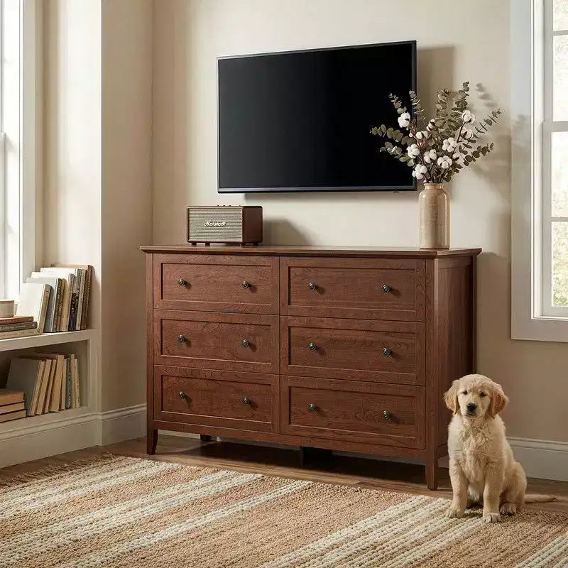 Karl Home 47 Inch Six Drawer Cabinet with Double Row Dual Handles Frame Design Melamine Finish