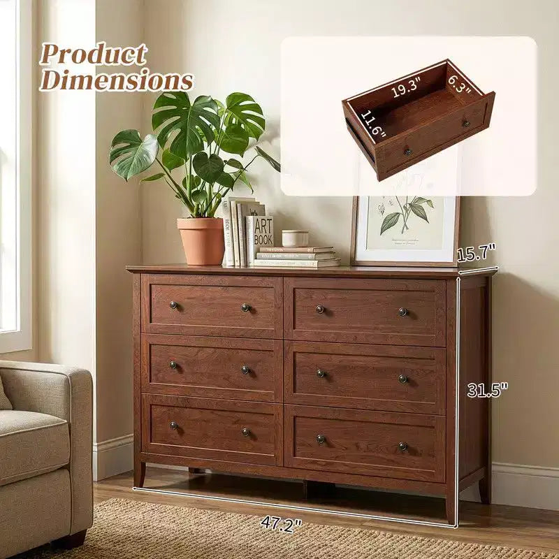 Karl Home 47 Inch Six Drawer Cabinet with Double Row Dual Handles Frame Design Melamine Finish