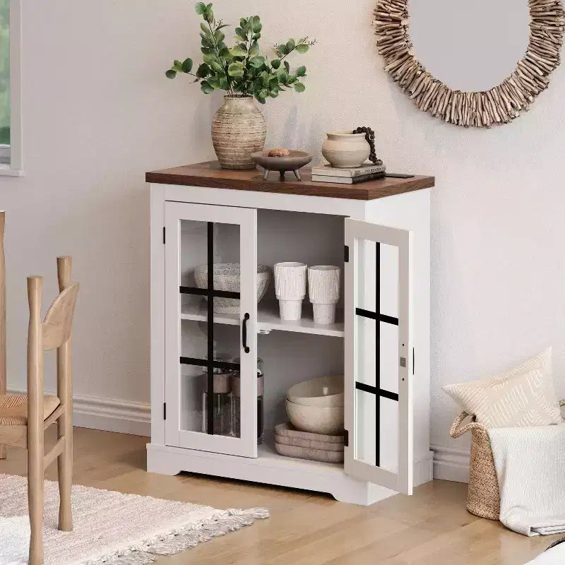 Modern Multifunctional Sideboard with Cross Design Glass Door Built-in Power Outlet Storage Buffet Cabinet for Living Dining Room