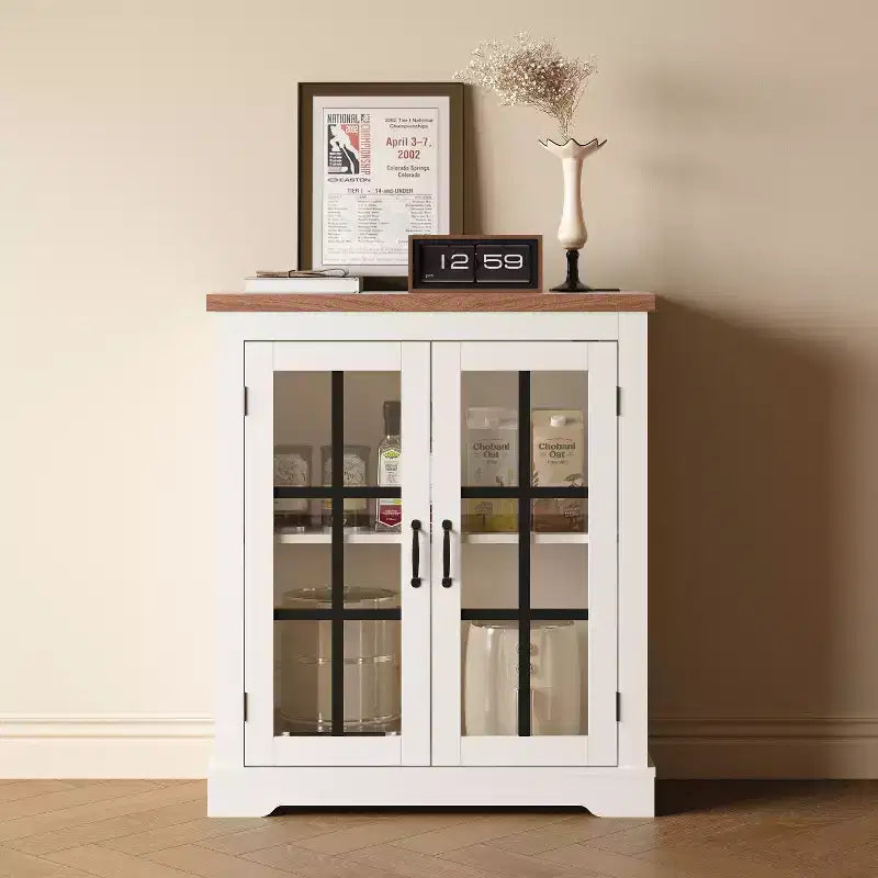 Modern Multifunctional Sideboard with Cross Design Glass Door Built-in Power Outlet Storage Buffet Cabinet for Living Dining Room