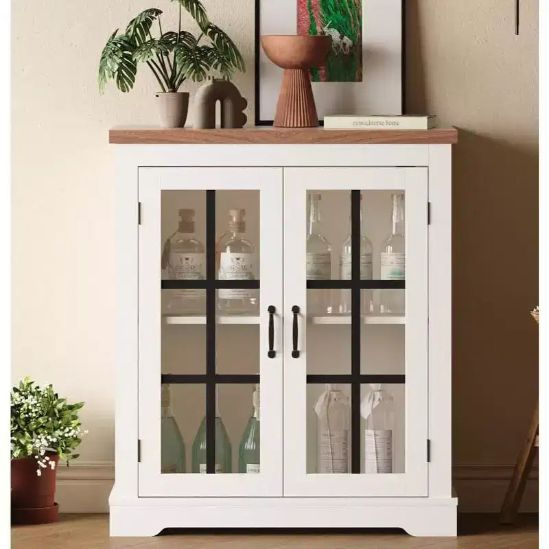 Modern Multifunctional Sideboard with Cross Design Glass Door Built-in Power Outlet Storage Buffet Cabinet for Living Dining Room