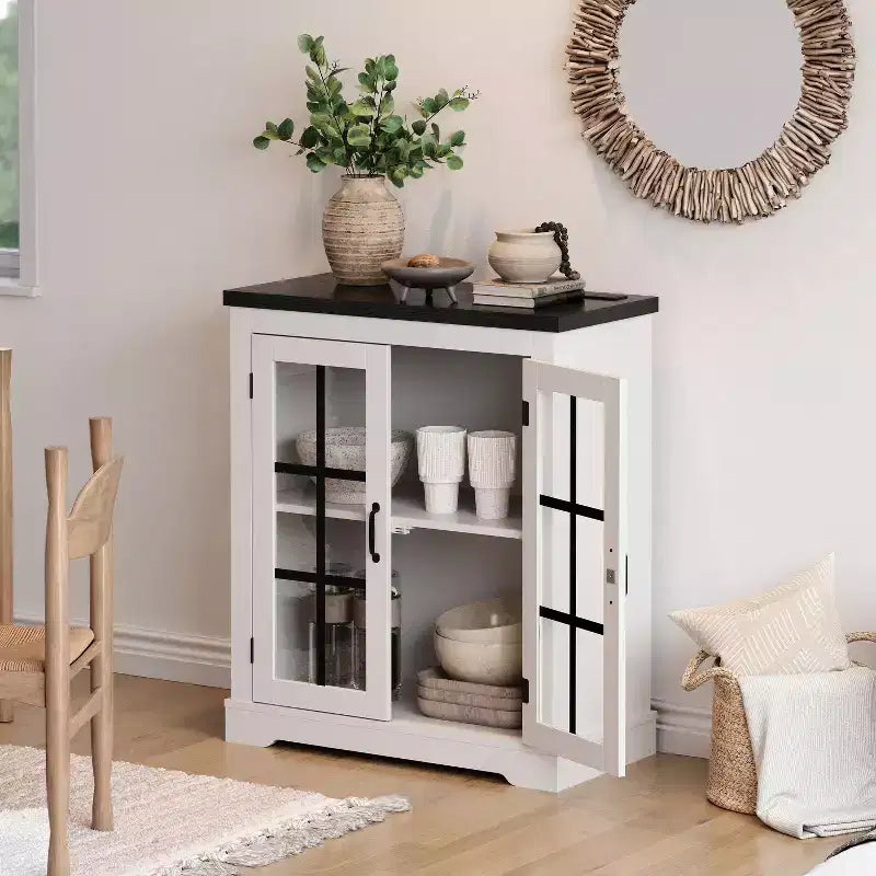 Modern Multifunctional Sideboard with Cross Design Glass Door Built-in Power Outlet Storage Buffet Cabinet for Living Dining Room