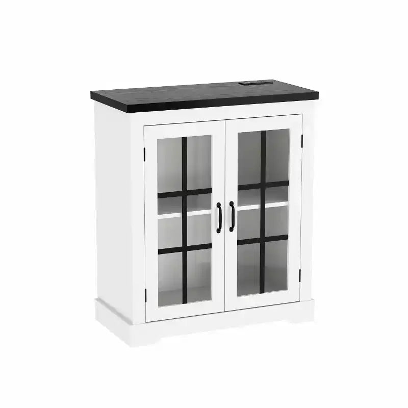 Modern Multifunctional Sideboard with Cross Design Glass Door Built-in Power Outlet Storage Buffet Cabinet for Living Dining Room