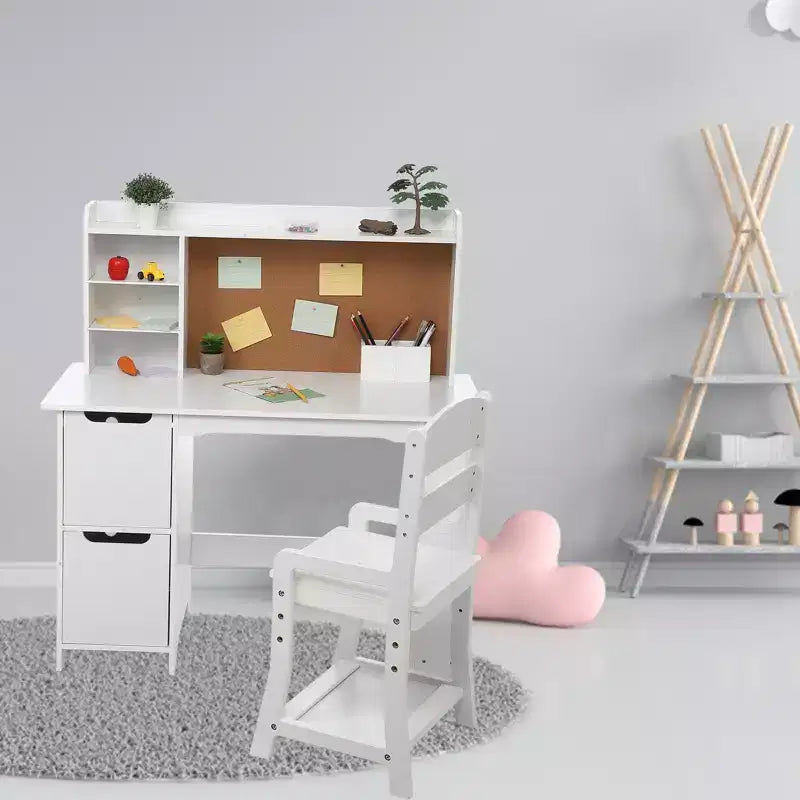 Kids Desk and Chair Set, Wooden Study Table with Hutch and Storage Shelf, Bulletin Board, Children School Learning Desk Set, for Kids, White