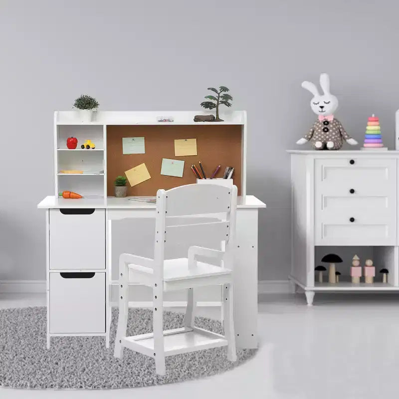 Kids Desk and Chair Set, Wooden Study Table with Hutch and Storage Shelf, Bulletin Board, Children School Learning Desk Set, for Kids, White