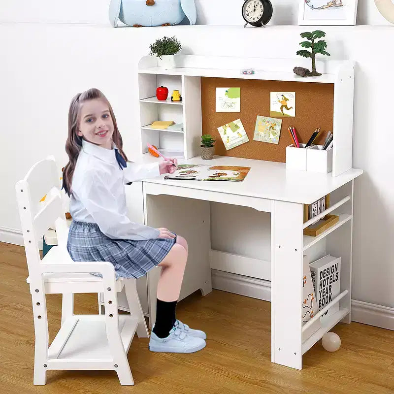 Kids Desk and Chair Set, Wooden Study Table with Hutch and Storage Shelf, Bulletin Board, Children School Learning Desk Set, for Kids, White