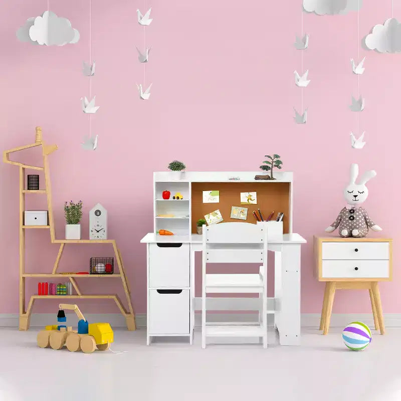 Kids Desk and Chair Set, Wooden Study Table with Hutch and Storage Shelf, Bulletin Board, Children School Learning Desk Set, for Kids, White