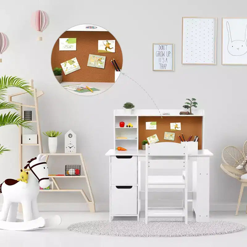Kids Desk and Chair Set, Wooden Study Table with Hutch and Storage Shelf, Bulletin Board, Children School Learning Desk Set, for Kids, White