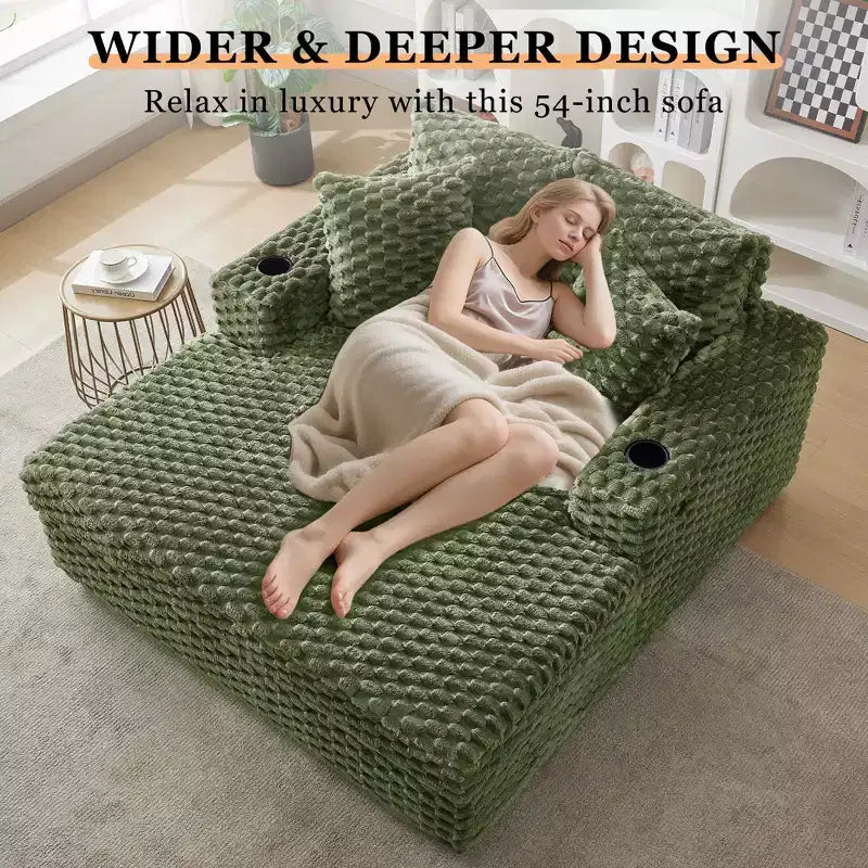 60 Oversized Indoor Chaise Lounge w/ Armrests & Throw Pillows, Upholstered Sleeper Chair Sofa Bed, Cozy Reading Couch for Living Room & Home