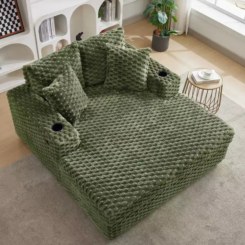 60 Oversized Indoor Chaise Lounge w/ Armrests & Throw Pillows, Upholstered Sleeper Chair Sofa Bed, Cozy Reading Couch for Living Room & Home