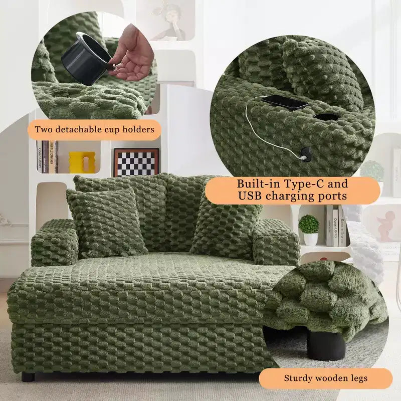 60 Oversized Indoor Chaise Lounge w/ Armrests & Throw Pillows, Upholstered Sleeper Chair Sofa Bed, Cozy Reading Couch for Living Room & Home