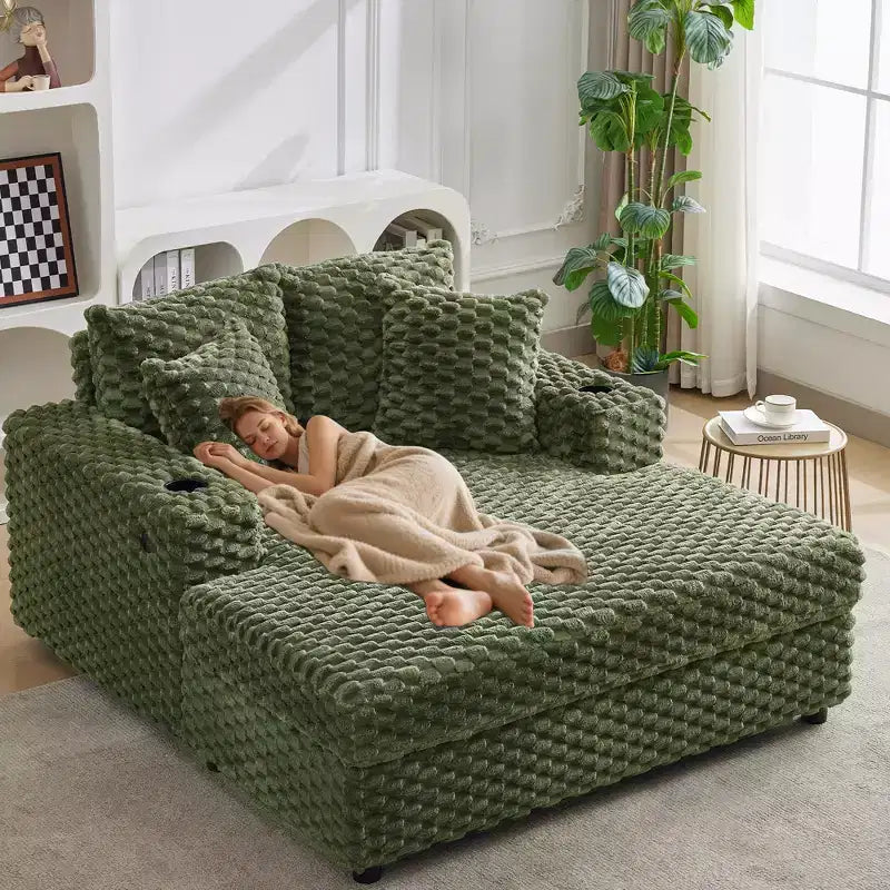 60 Oversized Indoor Chaise Lounge w/ Armrests & Throw Pillows, Upholstered Sleeper Chair Sofa Bed, Cozy Reading Couch for Living Room & Home