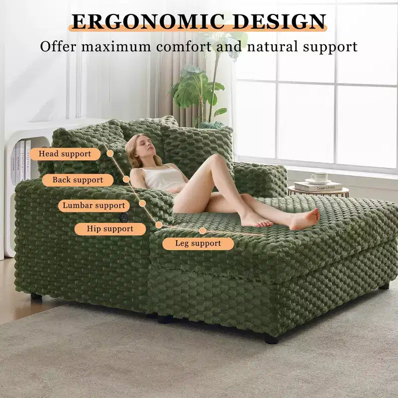 60 Oversized Indoor Chaise Lounge w/ Armrests & Throw Pillows, Upholstered Sleeper Chair Sofa Bed, Cozy Reading Couch for Living Room & Home