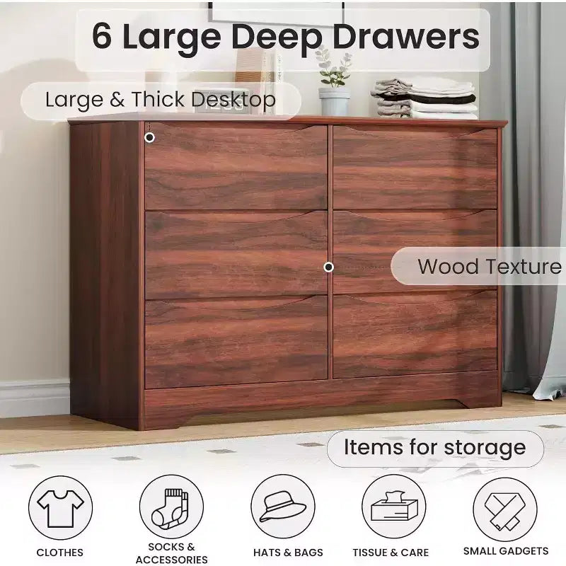 GustoWave Modern Closet, Wooden Storage Dresser with 6 Drawers for Bedroom, Living Room, Hallway, Brown