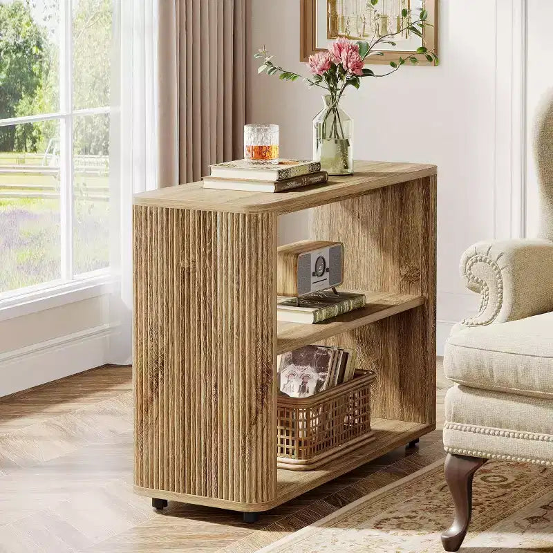 Lantine Narrow Side Table, 3-Tier End Table with Storage Shelves, Farmhouse Bedside Table for Bedroom, Living Room, Small Spaces, Sofa Couch, Natural