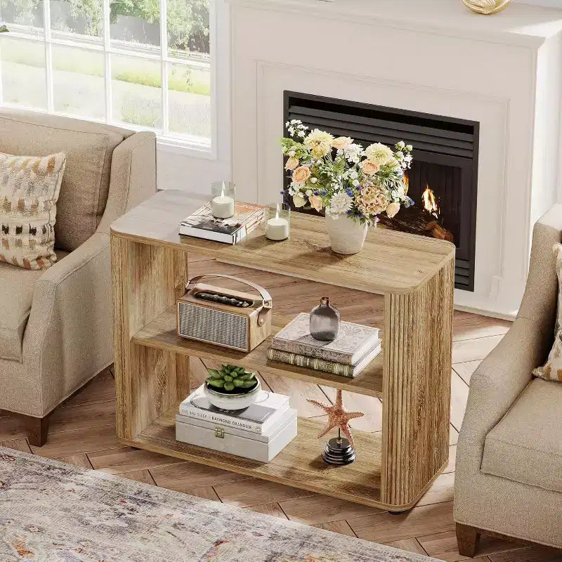 Lantine Narrow Side Table, 3-Tier End Table with Storage Shelves, Farmhouse Bedside Table for Bedroom, Living Room, Small Spaces, Sofa Couch, Natural