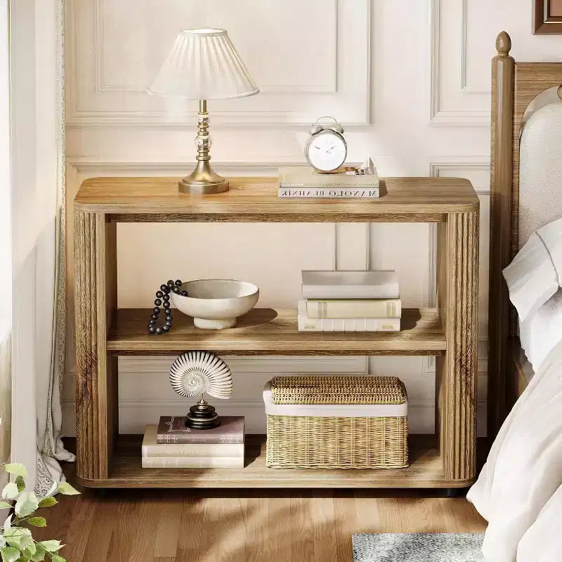 Lantine Narrow Side Table, 3-Tier End Table with Storage Shelves, Farmhouse Bedside Table for Bedroom, Living Room, Small Spaces, Sofa Couch, Natural