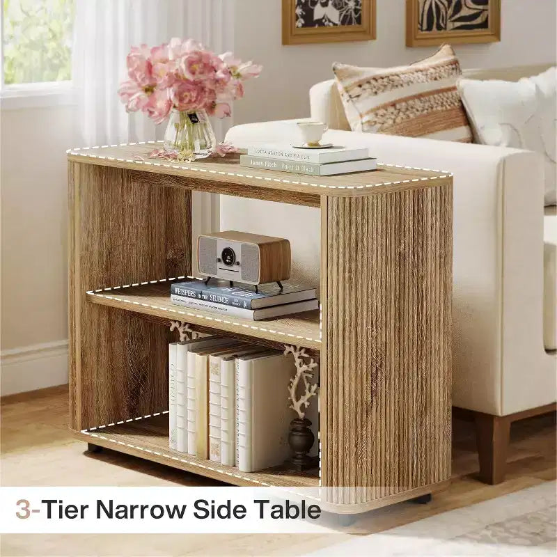 Lantine Narrow Side Table, 3-Tier End Table with Storage Shelves, Farmhouse Bedside Table for Bedroom, Living Room, Small Spaces, Sofa Couch, Natural