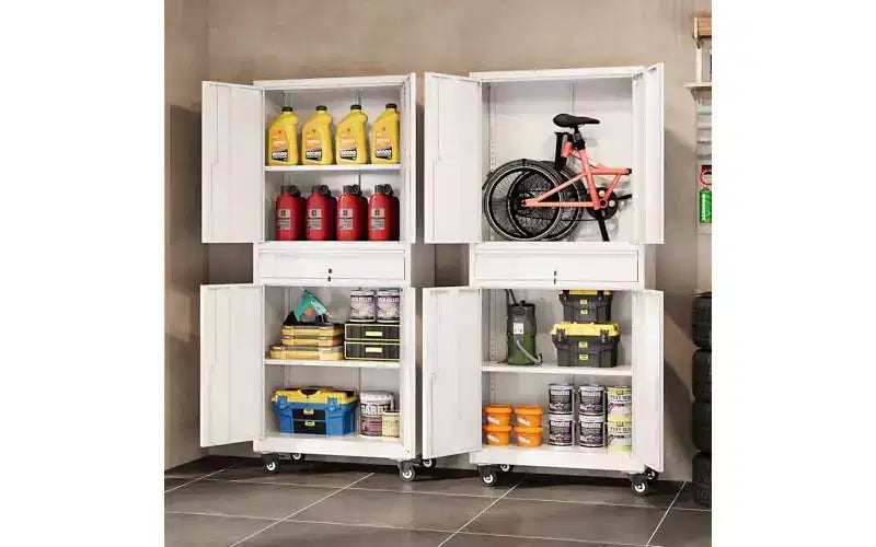 DEXYLLO Metal Garage Storage Cabinet with Locking Doors and Flexible Shelves, Rolling Tool Cabinet with Drawer for Garage,Warehouse,Home, White