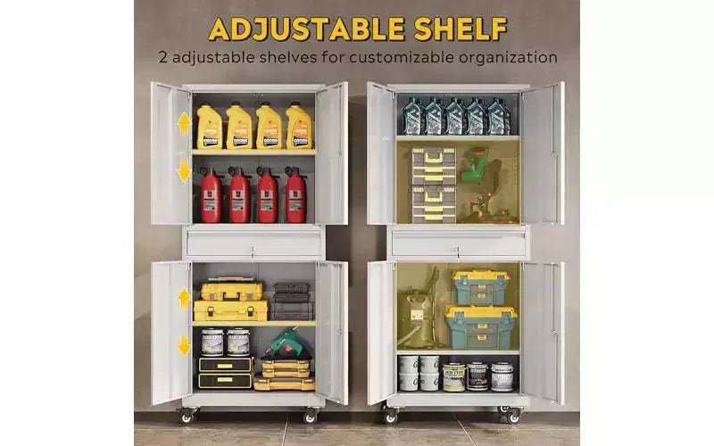 DEXYLLO Metal Garage Storage Cabinet with Locking Doors and Flexible Shelves, Rolling Tool Cabinet with Drawer for Garage,Warehouse,Home, White