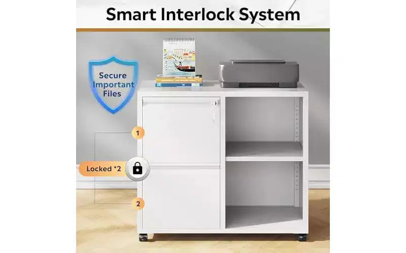 DEXYLLO Metal Lateral File Cabinet with Lock, 2-Drawer Rolling Printer Stand with Shelf, Mobile Storage Cabinet for Home Office