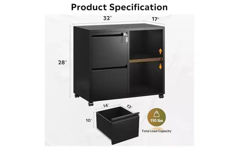DEXYLLO Metal Lateral File Cabinet with Lock, 2-Drawer Rolling Printer Stand with Shelf, Mobile Storage Cabinet for Home Office