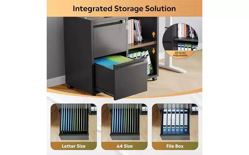 DEXYLLO Metal Lateral File Cabinet with Lock, 2-Drawer Rolling Printer Stand with Shelf, Mobile Storage Cabinet for Home Office