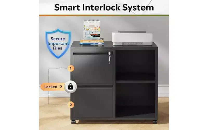 DEXYLLO Metal Lateral File Cabinet with Lock, 2-Drawer Rolling Printer Stand with Shelf, Mobile Storage Cabinet for Home Office