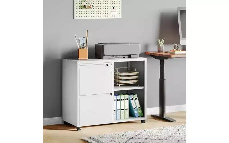 DEXYLLO Metal Lateral File Cabinet with Lock, 2-Drawer Rolling Printer Stand with Shelf, Mobile Storage Cabinet for Home Office