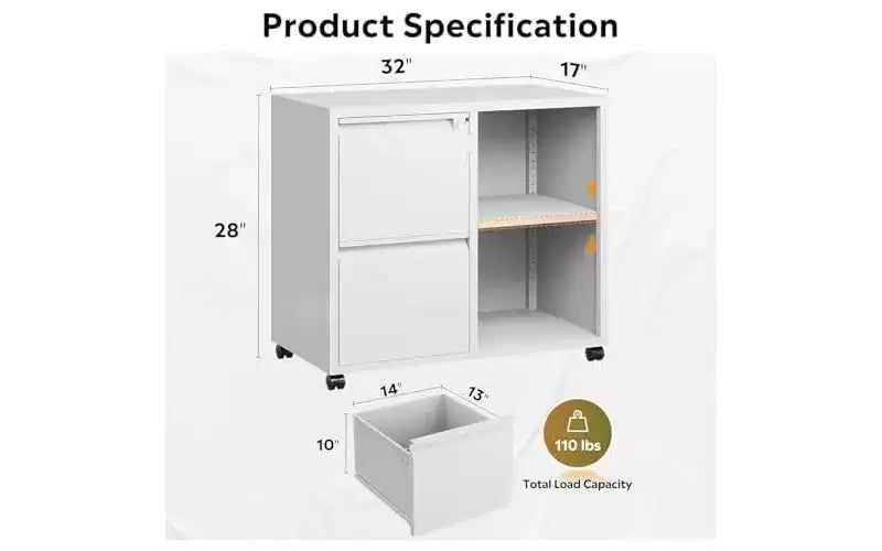 DEXYLLO Metal Lateral File Cabinet with Lock, 2-Drawer Rolling Printer Stand with Shelf, Mobile Storage Cabinet for Home Office