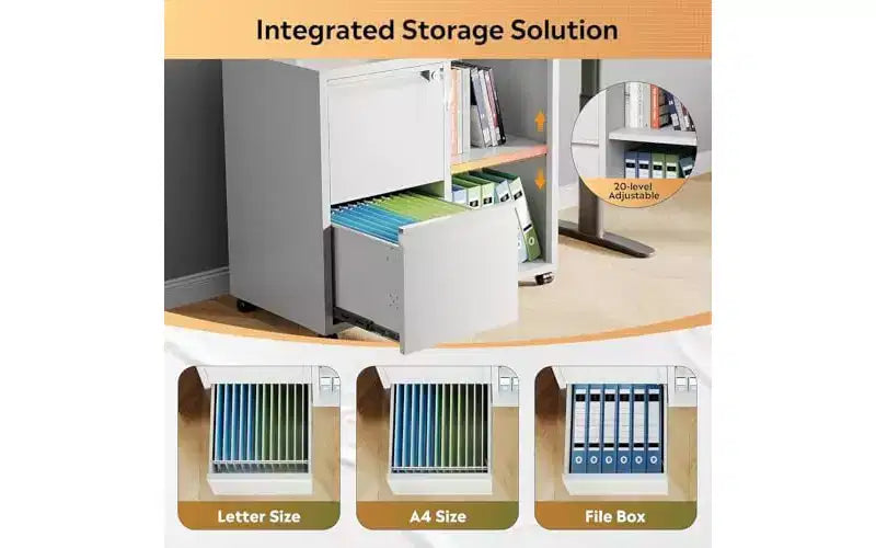 DEXYLLO Metal Lateral File Cabinet with Lock, 2-Drawer Rolling Printer Stand with Shelf, Mobile Storage Cabinet for Home Office