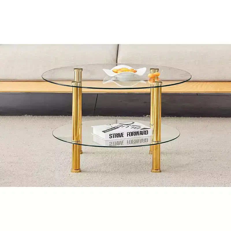 27.5 Contemporary Minimalist Double Layer Tempered Glass Coffee Table, Gold Plated Stainless Steel Legs with Storage
