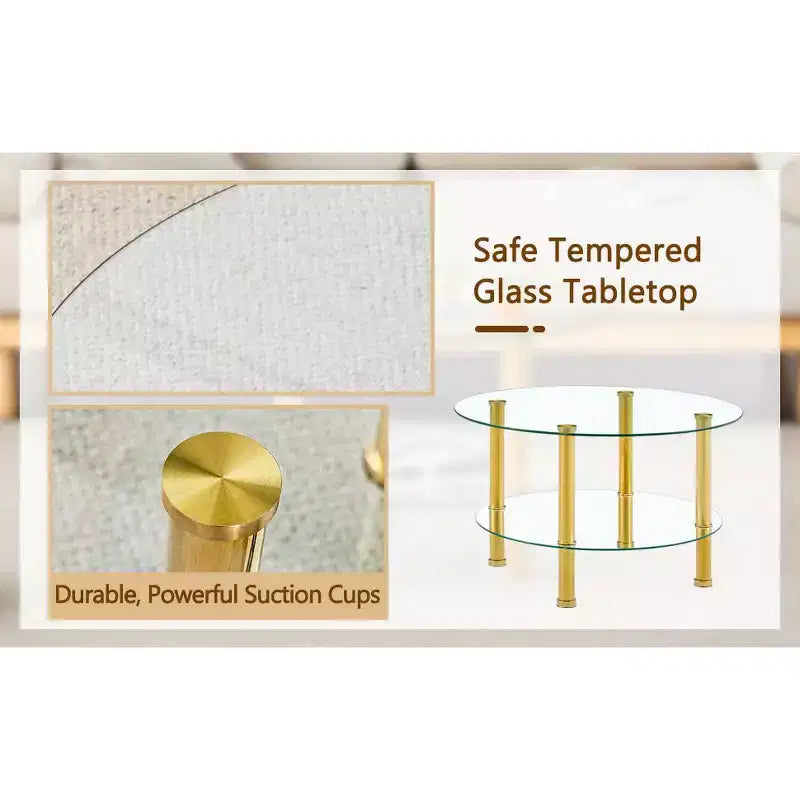 27.5 Contemporary Minimalist Double Layer Tempered Glass Coffee Table, Gold Plated Stainless Steel Legs with Storage