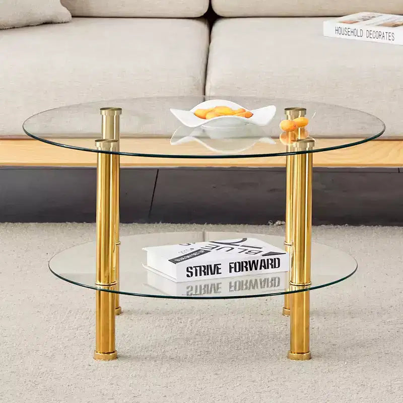 27.5 Contemporary Minimalist Double Layer Tempered Glass Coffee Table, Gold Plated Stainless Steel Legs with Storage