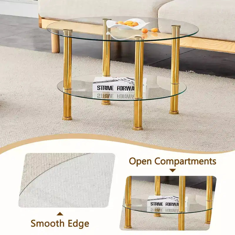 27.5 Contemporary Minimalist Double Layer Tempered Glass Coffee Table, Gold Plated Stainless Steel Legs with Storage