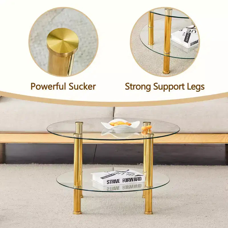 27.5 Contemporary Minimalist Double Layer Tempered Glass Coffee Table, Gold Plated Stainless Steel Legs with Storage