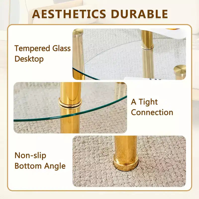 27.5 Contemporary Minimalist Double Layer Tempered Glass Coffee Table, Gold Plated Stainless Steel Legs with Storage