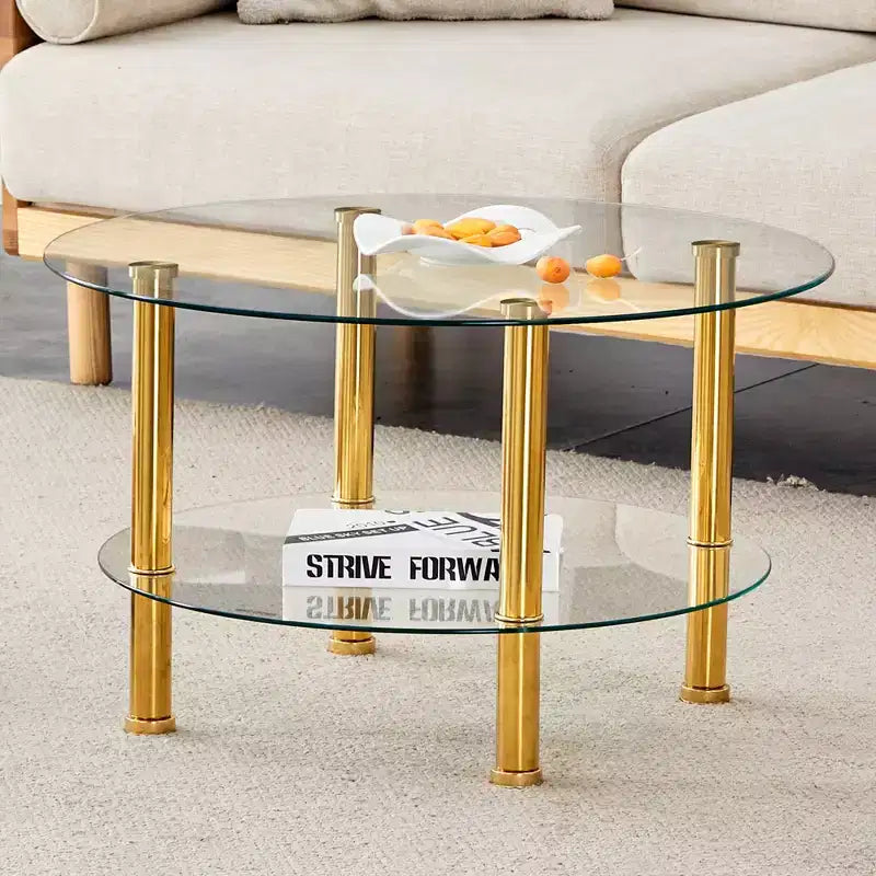 27.5 Contemporary Minimalist Double Layer Tempered Glass Coffee Table, Gold Plated Stainless Steel Legs with Storage