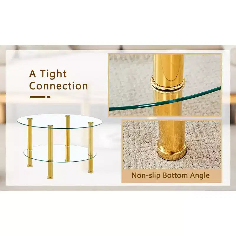 27.5 Contemporary Minimalist Double Layer Tempered Glass Coffee Table, Gold Plated Stainless Steel Legs with Storage