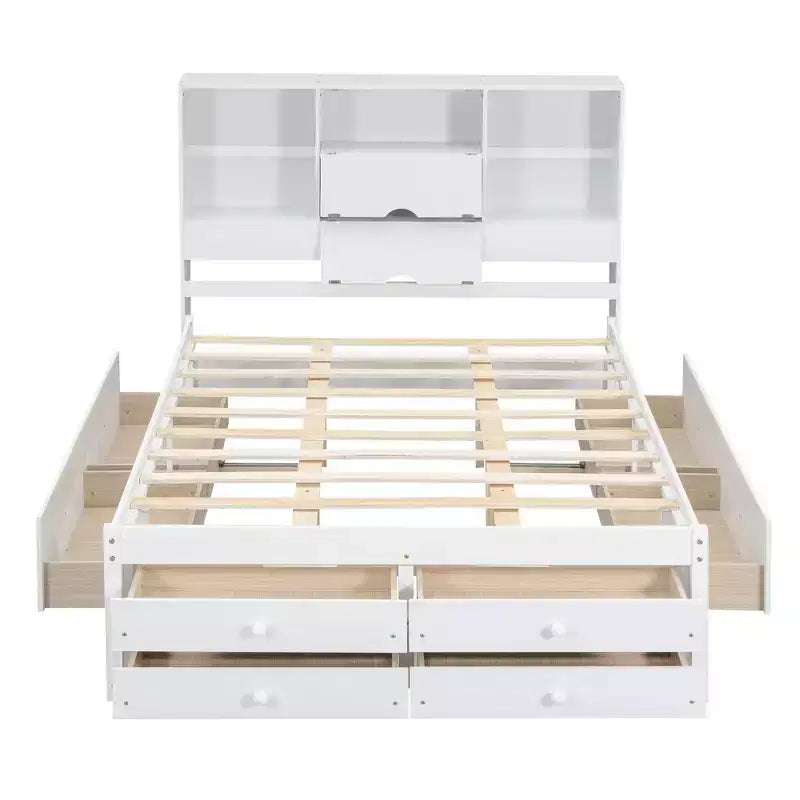 FAMYYT Queen Size Platform Bed with Storage Shelf and 8 Drawers, Easy Assembly