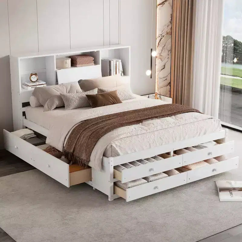 FAMYYT Queen Size Platform Bed with Storage Shelf and 8 Drawers, Easy Assembly