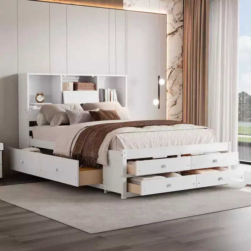 FAMYYT Queen Size Platform Bed with Storage Shelf and 8 Drawers, Easy Assembly