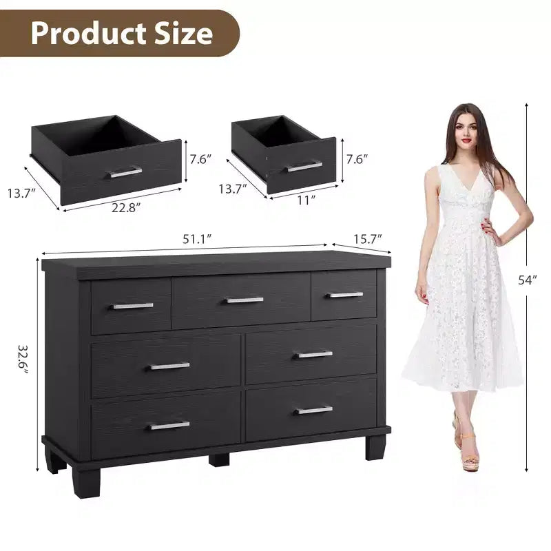51 Inch Wide Modern Wood Dresser with 7 Drawers, Sturdy Chest of Drawers with Metal Handles for Bedroom & Living Room