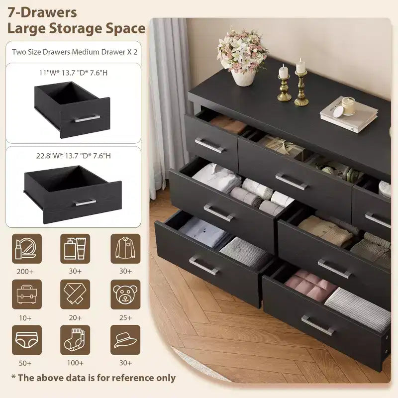 51 Inch Wide Modern Wood Dresser with 7 Drawers, Sturdy Chest of Drawers with Metal Handles for Bedroom & Living Room