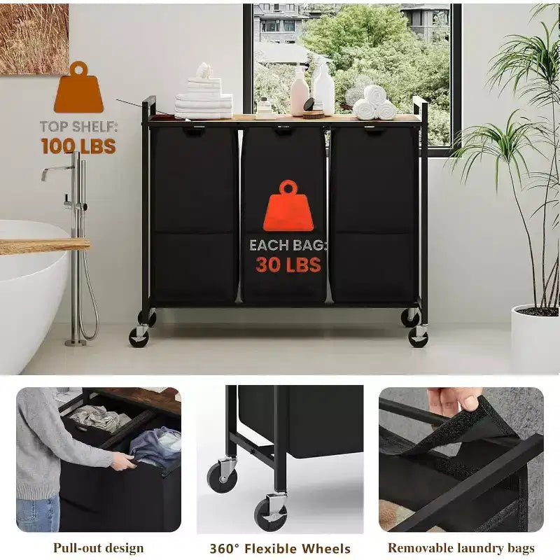 Laundry Hamper with Shelf & 3 Removable Pull-Out Bags, 120L Rolling Laundry Sorter with Metal Frame for Bathroom
